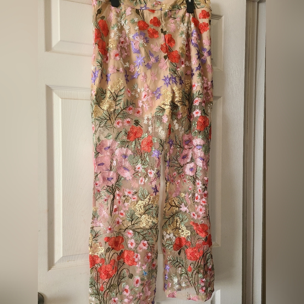 Embroidered sheer dress pants